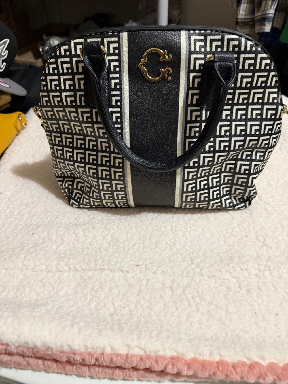 C. Wonder Black & Cream Geometric Dome Satchel